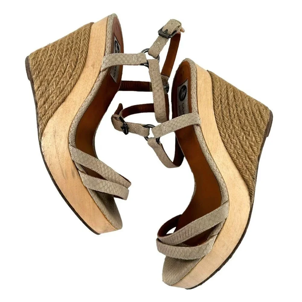 LANVIN Beige Textured Leather Ankle Strap Espadrille Wedge Heel Sandals Size 40